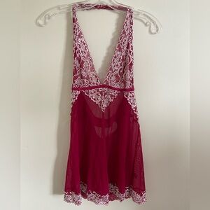 Size F burgundy and ivory lace empire waist sheer babydoll chemise